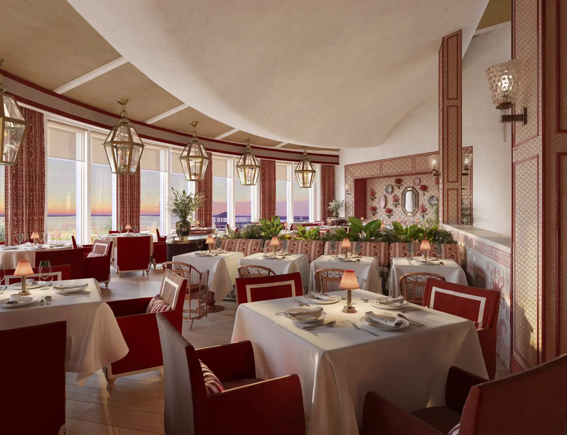 Resort 4 Restaurant at The Sanderling Resort with warm lights over the tables, decorated in burgundy tones combining patterns with solid colors.