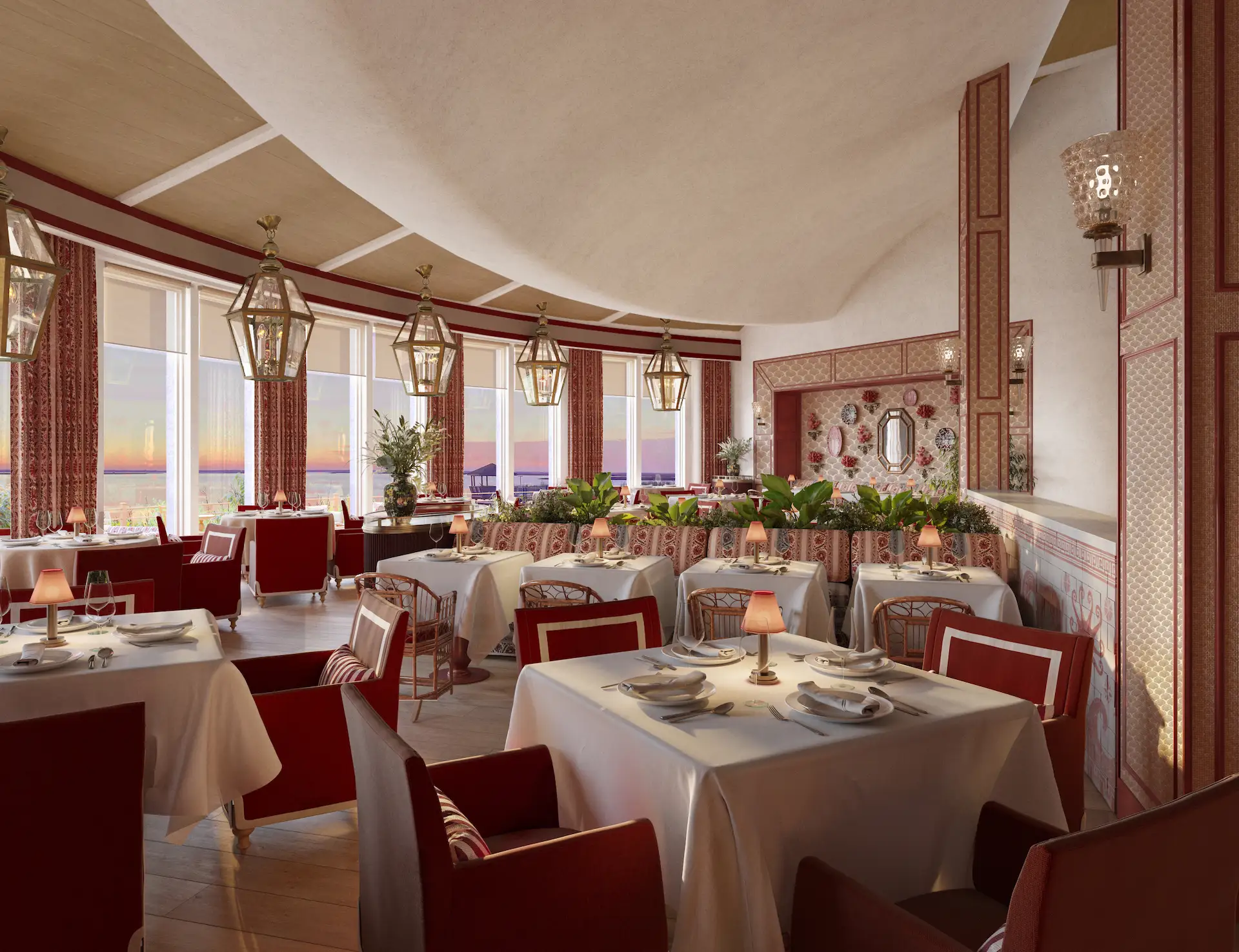 Weddings 5 Interior of signature restaurant Theodosia at The Sanderling Hotel with stylish tables and chairs